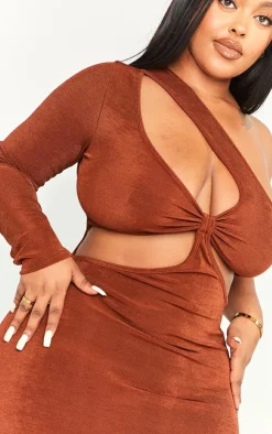 Plus Chocolate Acetate Slinky Cut Out Maxi Dress-PrettyLittleThing Hot