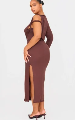Plus Chocolate Asymmetric Twist Shoulder Soft Touch Midi Dress-PrettyLittleThing Online