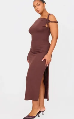 Plus Chocolate Asymmetric Twist Shoulder Soft Touch Midi Dress-PrettyLittleThing Online