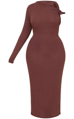 Plus Chocolate Asymmetric Twist Shoulder Soft Touch Midi Dress-PrettyLittleThing Online