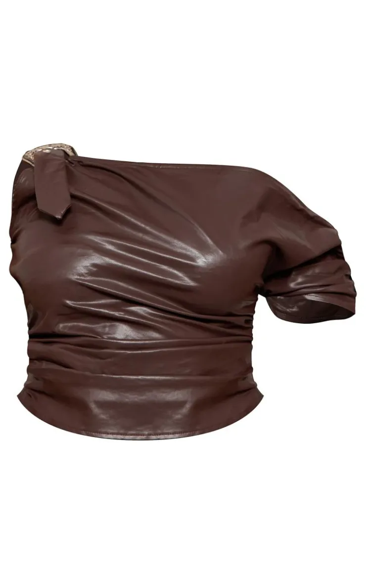 Online PrettyLittleThing Plus Faux Leather Buckle Detail Cowl Neck Top Chocolate Brown
