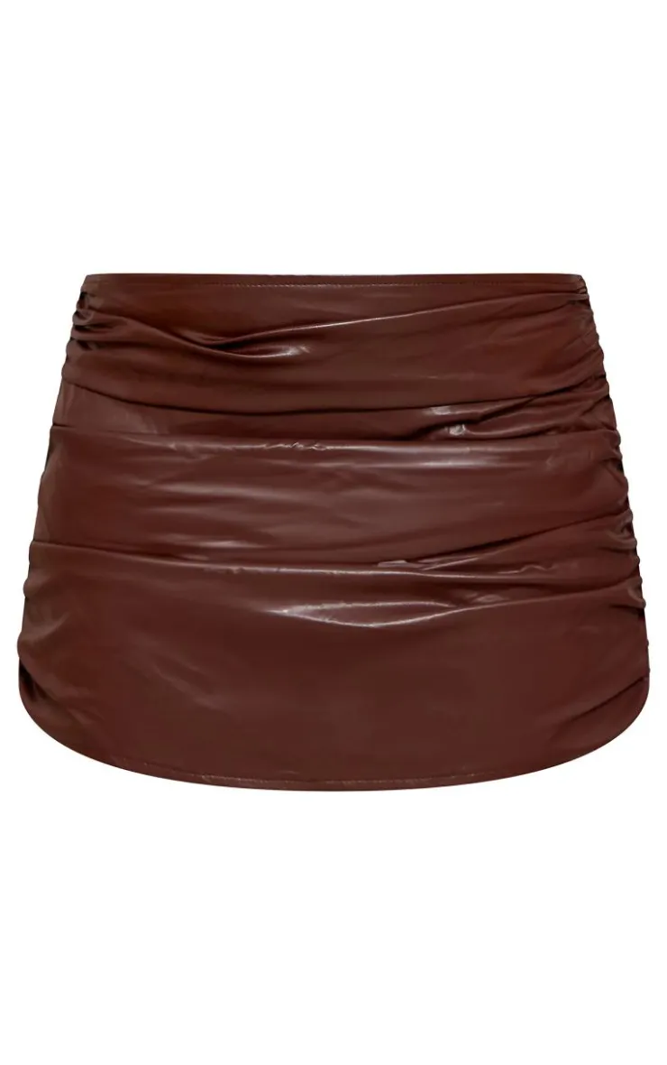 Clearance PrettyLittleThing Plus Faux Leather Ruched Mini Skirt Chocolate Brown