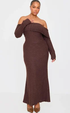 Plus Chocolate Brushed Rib Bardot Maxi Dress-PrettyLittleThing Sale