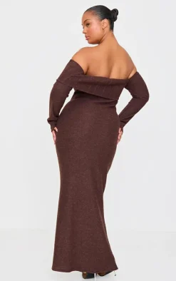 Plus Chocolate Brushed Rib Bardot Maxi Dress-PrettyLittleThing Sale