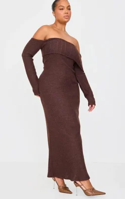 Plus Chocolate Brushed Rib Bardot Maxi Dress-PrettyLittleThing Sale