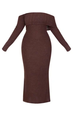 Plus Chocolate Brushed Rib Bardot Maxi Dress-PrettyLittleThing Sale