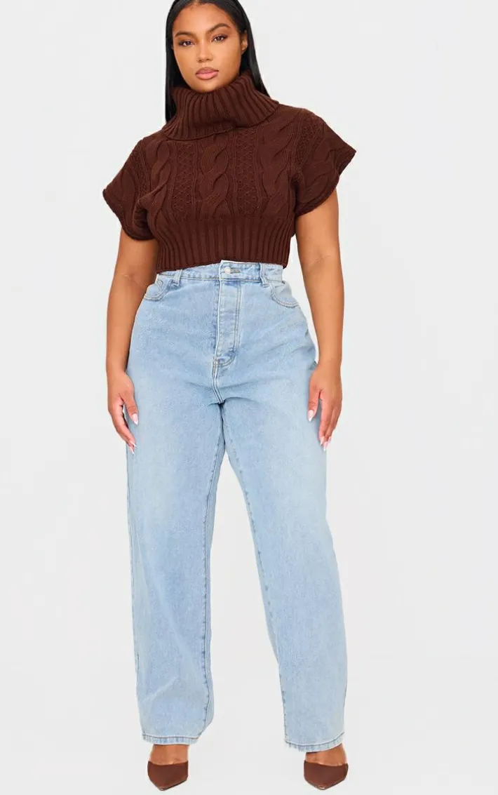 Plus Chocolate Cable Knit Cap Sleeve Roll Neck Cropped Vest
