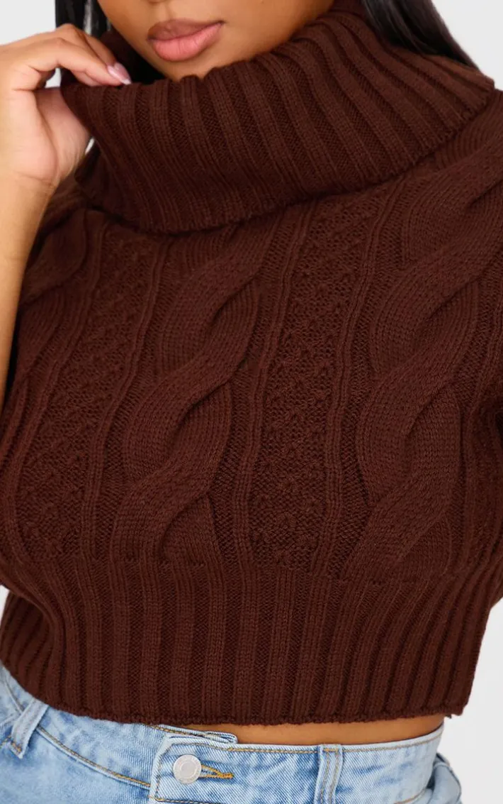Plus Chocolate Cable Knit Cap Sleeve Roll Neck Cropped Vest
