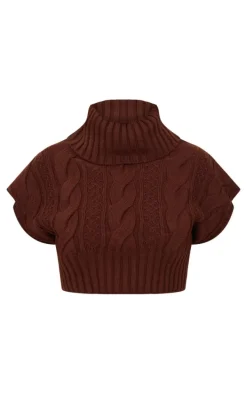 Plus Chocolate Cable Knit Cap Sleeve Roll Neck Cropped Vest
