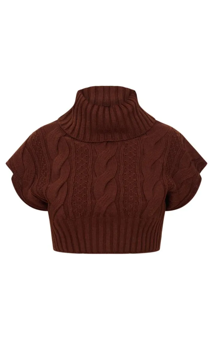 Plus Chocolate Cable Knit Cap Sleeve Roll Neck Cropped Vest