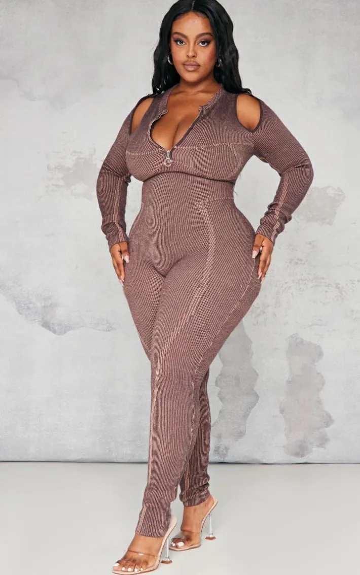 Plus Chocolate Cold Shoulder Seam Detail Jumpsuit