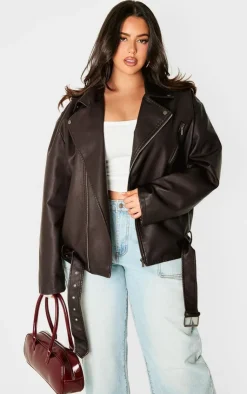 PrettyLittleThing Faux Leather Jackets*Plus Chocolate Distressed Look Faux Leather Longline Biker Jacket