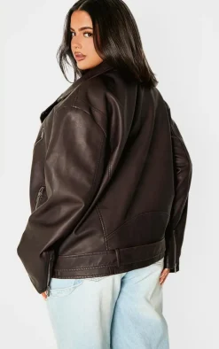 PrettyLittleThing Faux Leather Jackets*Plus Chocolate Distressed Look Faux Leather Longline Biker Jacket