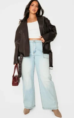PrettyLittleThing Faux Leather Jackets*Plus Chocolate Distressed Look Faux Leather Longline Biker Jacket