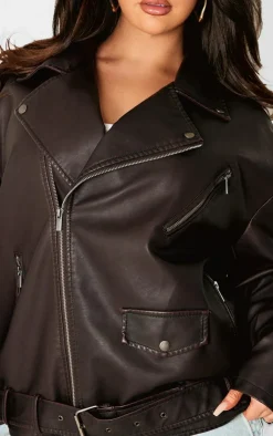 PrettyLittleThing Faux Leather Jackets*Plus Chocolate Distressed Look Faux Leather Longline Biker Jacket