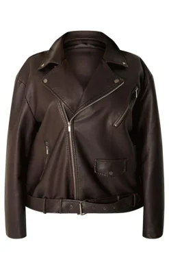 PrettyLittleThing Faux Leather Jackets*Plus Chocolate Distressed Look Faux Leather Longline Biker Jacket