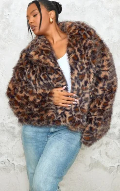 PrettyLittleThing Faux Fur Coats*Plus Chocolate Faux Fur Leopard Print Cropped Coat