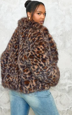 PrettyLittleThing Faux Fur Coats*Plus Chocolate Faux Fur Leopard Print Cropped Coat