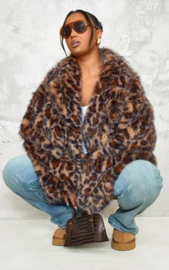PrettyLittleThing Faux Fur Coats*Plus Chocolate Faux Fur Leopard Print Cropped Coat