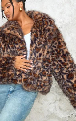 PrettyLittleThing Faux Fur Coats*Plus Chocolate Faux Fur Leopard Print Cropped Coat