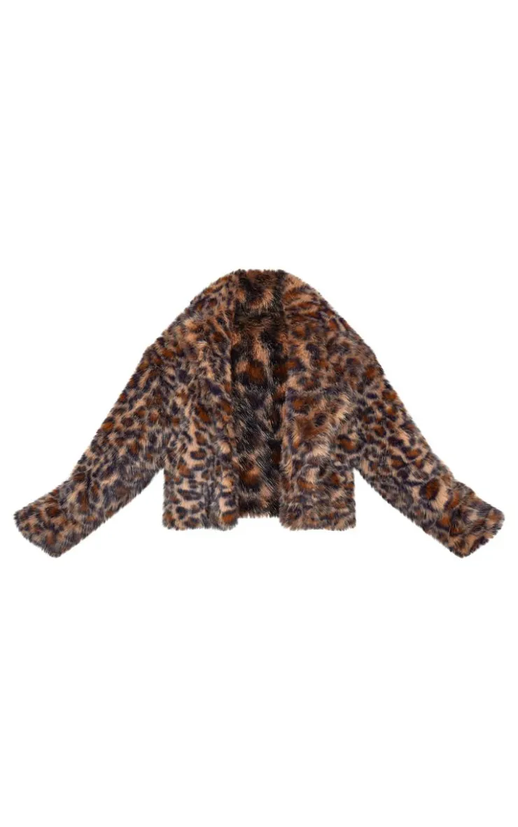 PrettyLittleThing Faux Fur Coats*Plus Chocolate Faux Fur Leopard Print Cropped Coat
