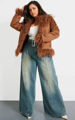 Plus Chocolate Faux Suede Faux Mongolian Fur Trim Jacket