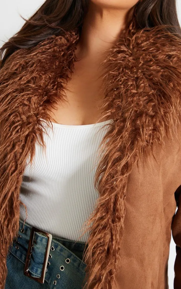Plus Chocolate Faux Suede Faux Mongolian Fur Trim Jacket