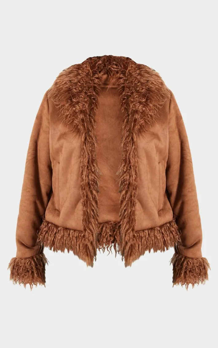 Plus Chocolate Faux Suede Faux Mongolian Fur Trim Jacket