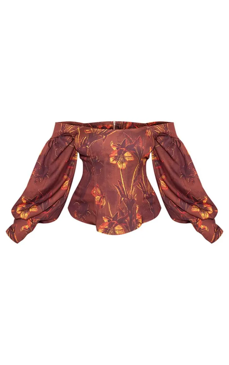 PrettyLittleThing Corsets*Plus Floral Balloon Sleeve Corset Top