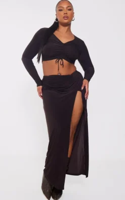 Sale PrettyLittleThing Plus High Split Maxi Skirt Chocolate