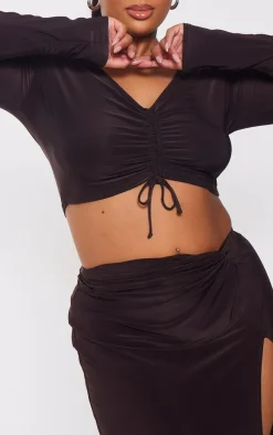 Sale PrettyLittleThing Plus High Split Maxi Skirt Chocolate