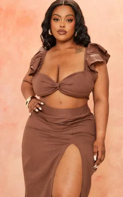 Clearance PrettyLittleThing Plus Linen Look Puff Sleeve Crop Top Chocolate