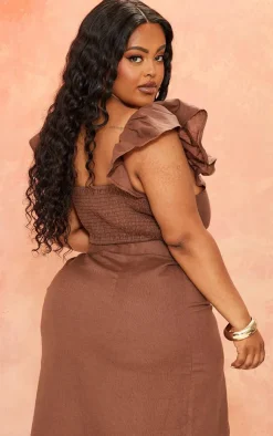 Clearance PrettyLittleThing Plus Linen Look Puff Sleeve Crop Top Chocolate