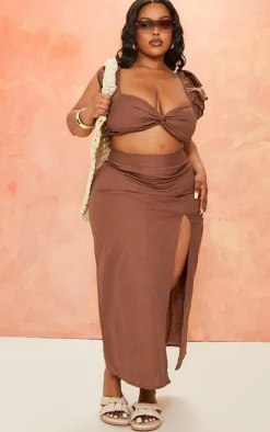 Clearance PrettyLittleThing Plus Linen Look Puff Sleeve Crop Top Chocolate
