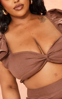 Clearance PrettyLittleThing Plus Linen Look Puff Sleeve Crop Top Chocolate