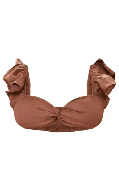 Clearance PrettyLittleThing Plus Linen Look Puff Sleeve Crop Top Chocolate