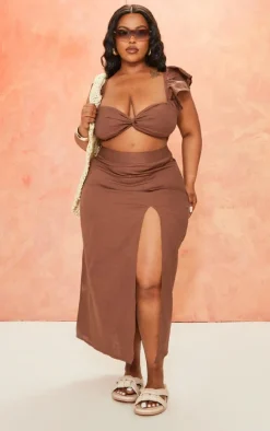 New PrettyLittleThing Plus Linen Look Side Split Midi Skirt Chocolate