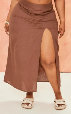 New PrettyLittleThing Plus Linen Look Side Split Midi Skirt Chocolate