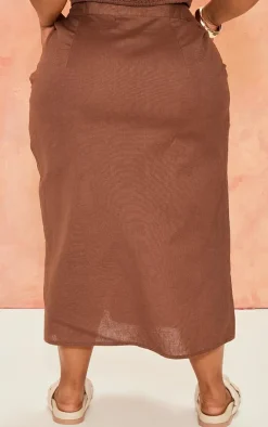 New PrettyLittleThing Plus Linen Look Side Split Midi Skirt Chocolate