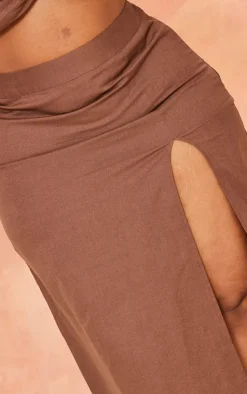 New PrettyLittleThing Plus Linen Look Side Split Midi Skirt Chocolate