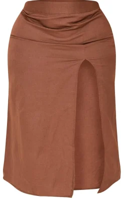 New PrettyLittleThing Plus Linen Look Side Split Midi Skirt Chocolate