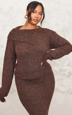 PrettyLittleThing Knitted Two Piece Sets*Plus Marl Knit Asymmetric Overlay Sweater