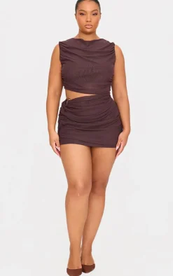 Discount PrettyLittleThing Plus Mesh Ruched Trim Detail Crop Top Chocolate