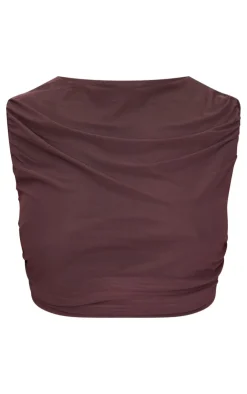Discount PrettyLittleThing Plus Mesh Ruched Trim Detail Crop Top Chocolate