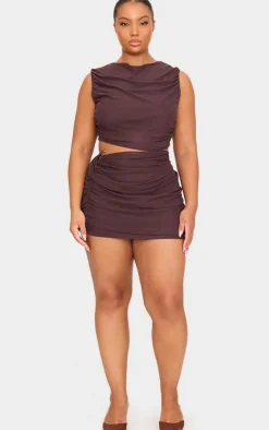Sale PrettyLittleThing Plus Mesh Trim Detail Ruched Mini Skirt Chocolate