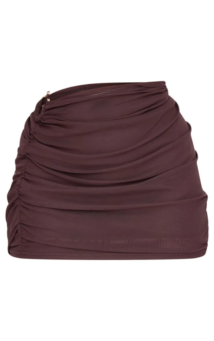 Sale PrettyLittleThing Plus Mesh Trim Detail Ruched Mini Skirt Chocolate