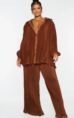 Outlet PrettyLittleThing Plus Plisse High Waisted Wide Leg Pants Chocolate