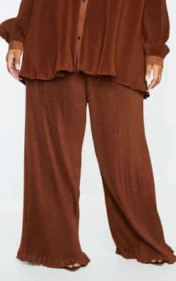 Outlet PrettyLittleThing Plus Plisse High Waisted Wide Leg Pants Chocolate