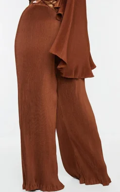 Outlet PrettyLittleThing Plus Plisse High Waisted Wide Leg Pants Chocolate