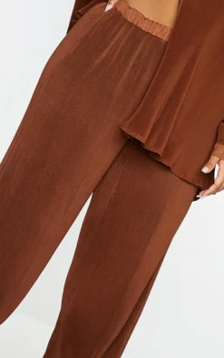 Outlet PrettyLittleThing Plus Plisse High Waisted Wide Leg Pants Chocolate